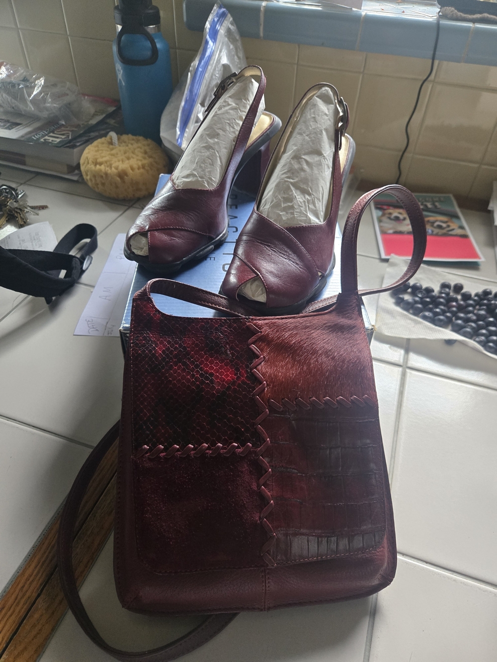 Stylish Burgundy Heal &  Patchwork Leather Shoulder Bag - Women